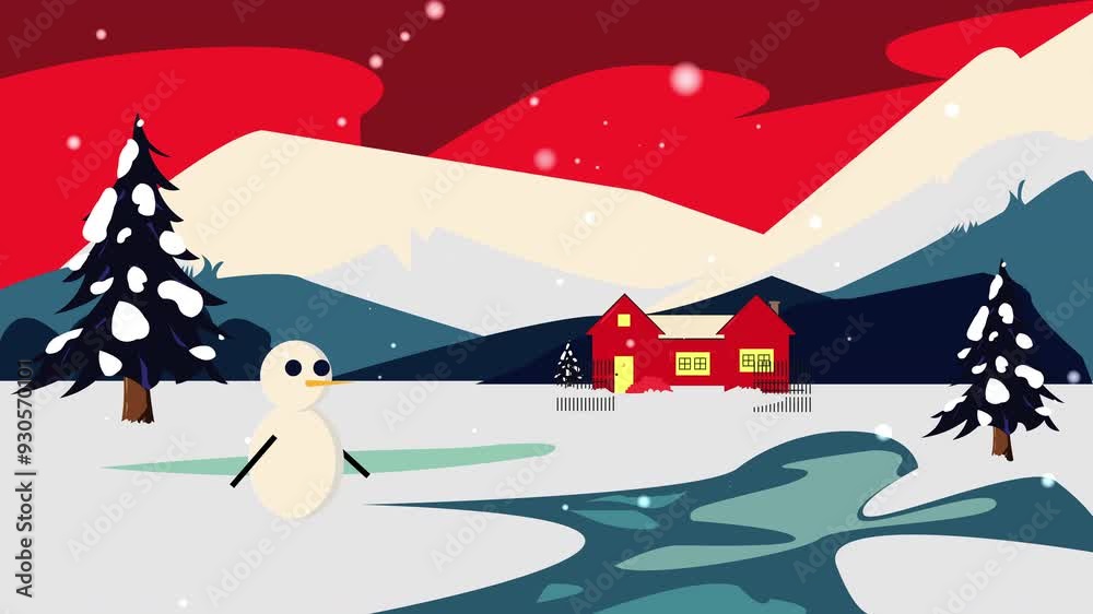 Animated christmas of Snowy landscape with red house, snowman, trees, winding river, and mountains. Ideal for winterthemed designs, holiday promotions, or seasonal content. Animated christmas of Snowy landscape with red house, snowman, trees, winding river, and mountains. Ideal for winterthemed designs, holiday promotions, or seasonal content.