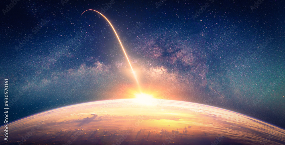 Fototapeta premium Landscape with Milky way galaxy. Sunrise and Earth view from space with Milky way galaxy. (Elements of this image furnished by NASA)