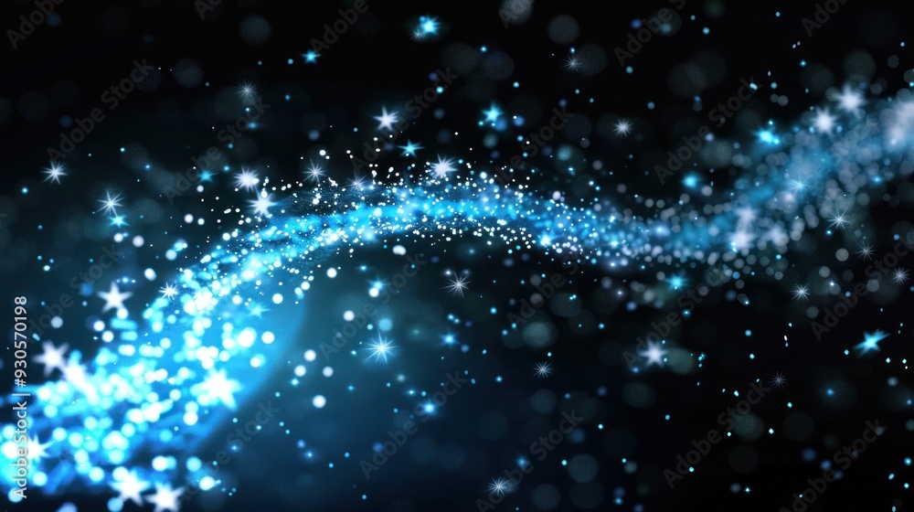 Fototapeta premium Abstract blue light trail with stars on black background