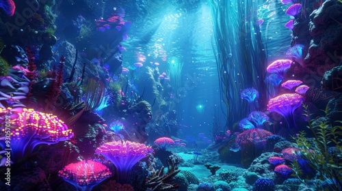Futuristic neon underwater world with glowing creatures and plants