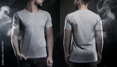 mock up front and back view of plain grey t-shirt product, black background with light smoke, Ai Generateds photo