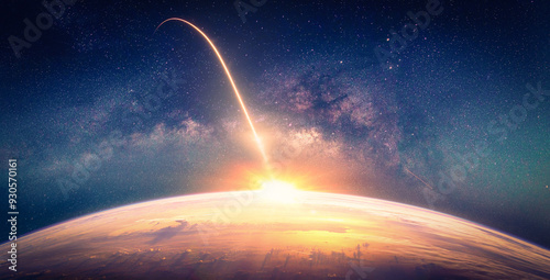 Fototapeta Naklejka Na Ścianę i Meble -  Landscape with Milky way galaxy. Sunrise and Earth view from space with Milky way galaxy. (Elements of this image furnished by NASA)