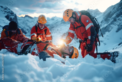 Rescue team helping injured climber near snowy mountain peak at twilight. Generative AI.