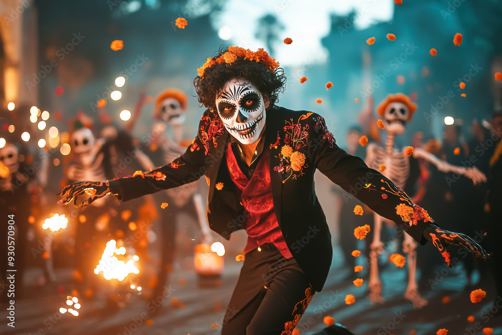 A colorful photo capturing a skeleton-costumed man with curly hair, dancing energetically among marigold petals during a night-time celebration.