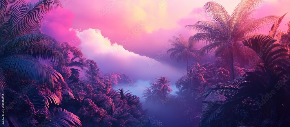 Stunning 3D rendering of a lush tropical forest with clouds Stunning 3D rendering of a lush tropical forest with clouds