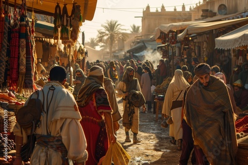 Bustling Marketplace in Ancient Arabian City with Merchants and Travelers.