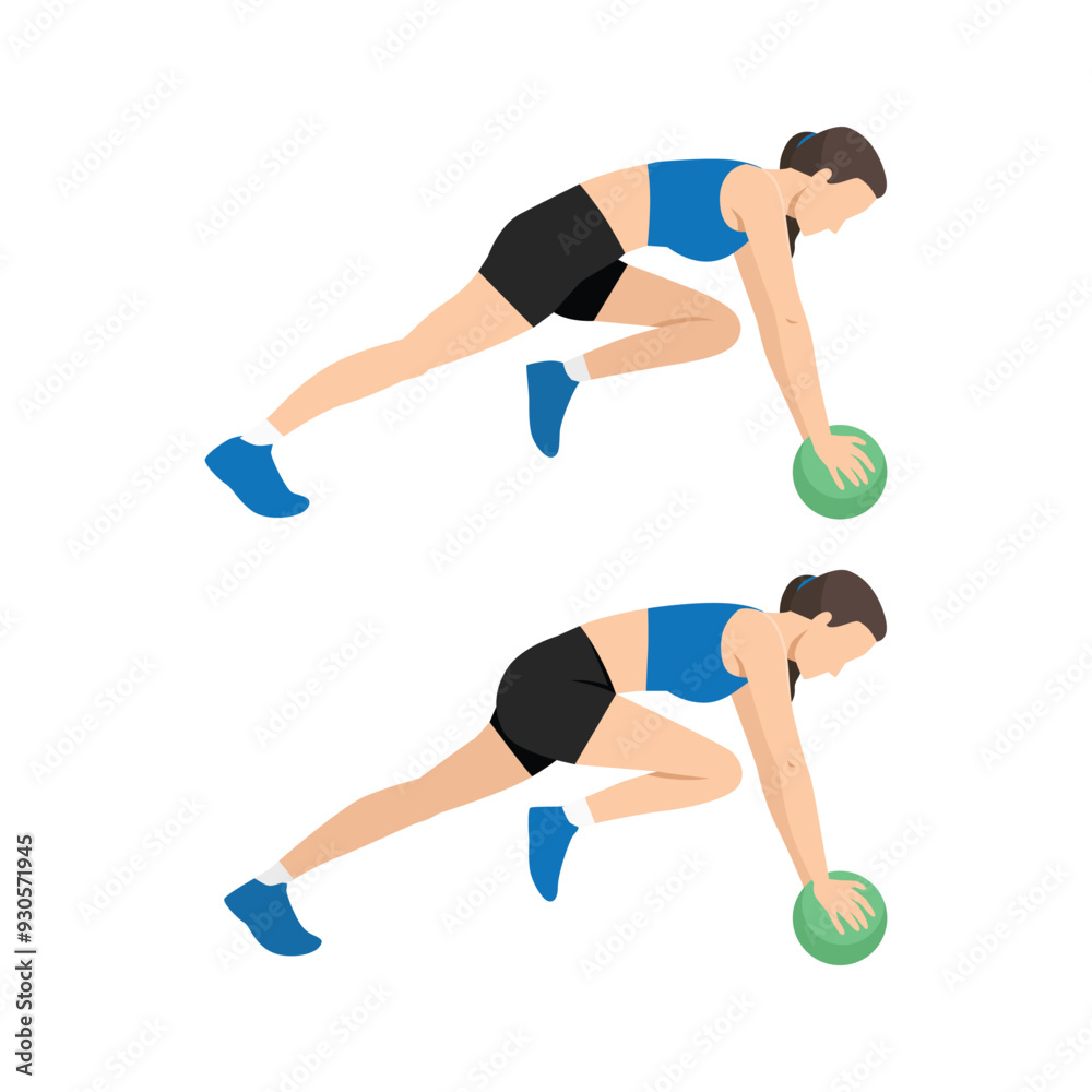 Woman doing Medicine ball mountain climber. Flat vector illustration isolated on white background Woman doing Medicine ball mountain climber. Flat vector illustration isolated on white background