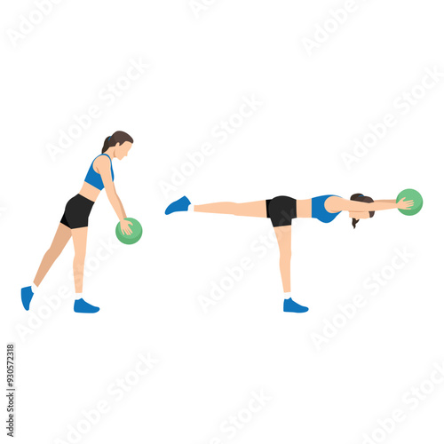 Woman doing One Legged Reach medicine ball. Flat vector illustration isolated on white background