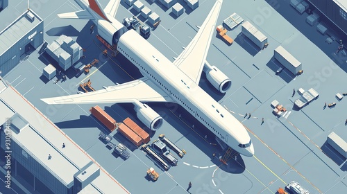 Aerial view of a commercial airplane at an airport surrounded by cargo and ground support vehicles.