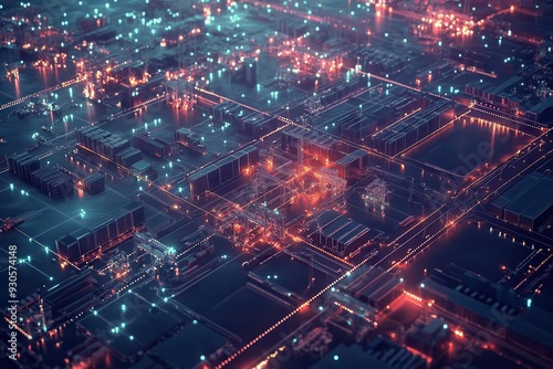 Wallpaper Mural Aerial view of a futuristic glowing cityscape with neon lights, showcasing modern urban technology and infrastructure at night. Torontodigital.ca