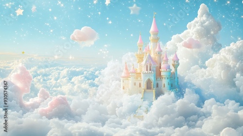A whimsical castle floating among fluffy clouds under a bright blue sky.