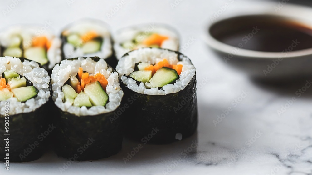 A close up of a raw vegan sushi roll filled with avocado, cucumber, and carrot, with a dipping sauce on the side, set against a minimalist background A close up of a raw vegan sushi roll filled with avocado, cucumber, and carrot, with a dipping sauce on the side, set against a minimalist background
