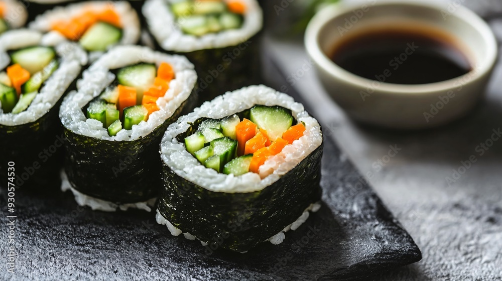 A close up of a raw vegan sushi roll filled with avocado, cucumber, and carrot, with a dipping sauce on the side, set against a minimalist background A close up of a raw vegan sushi roll filled with avocado, cucumber, and carrot, with a dipping sauce on the side, set against a minimalist background