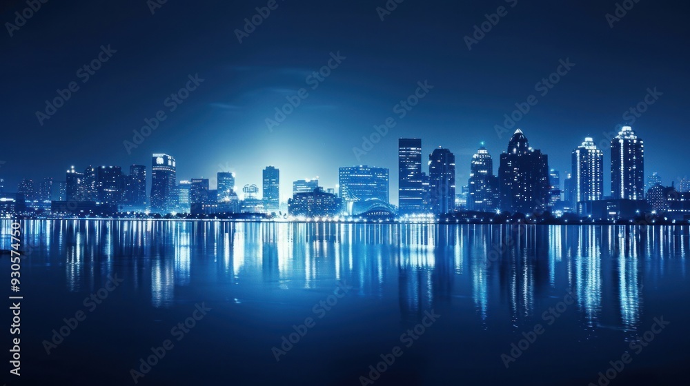 Nighttime Cityscape with Reflections in Water Nighttime Cityscape with Reflections in Water