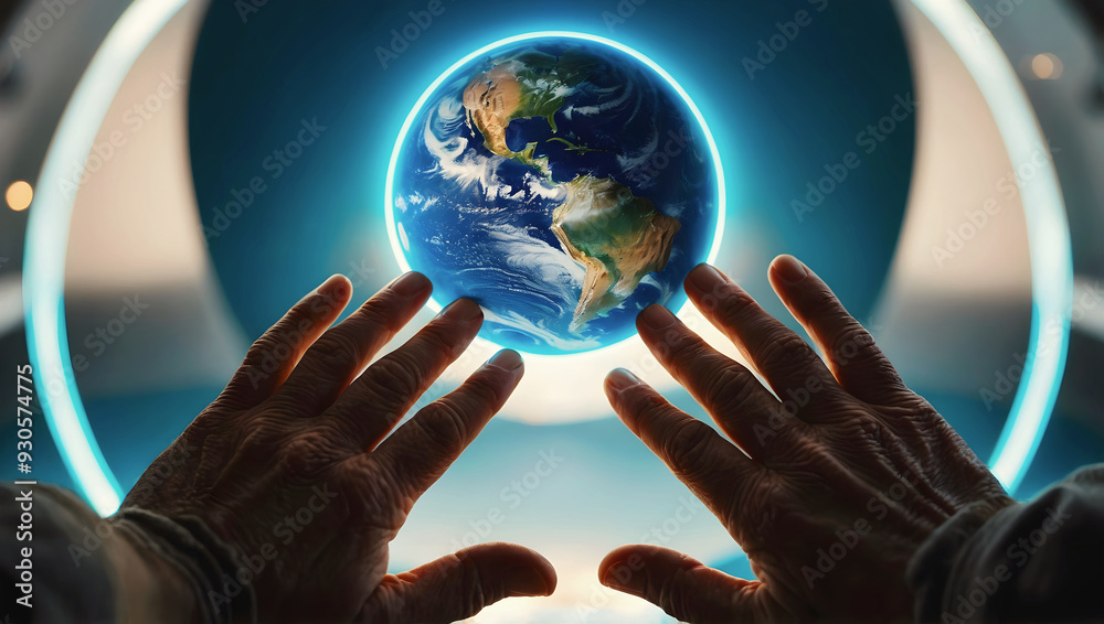 Old wrinkled hands holding planet earth, globe on the palm, eco environment, global connection, background