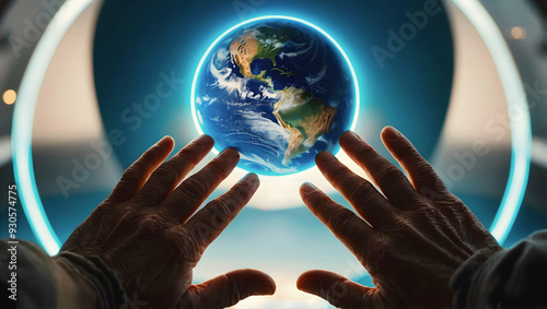Obraz na płótnie Old wrinkled hands holding planet earth, globe on the palm, eco environment, global connection, background w salonie