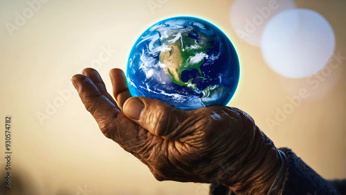 Old wrinkled hands holding planet earth, globe on the palm, eco environment, global connection, background