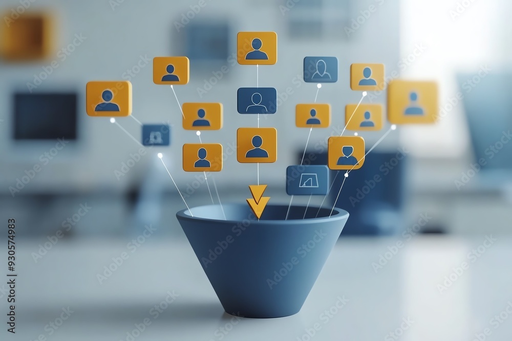 © Apaporn - Digital marketing funnel concept with profile icons and connections representing targeted customer acquisition and lead generation.