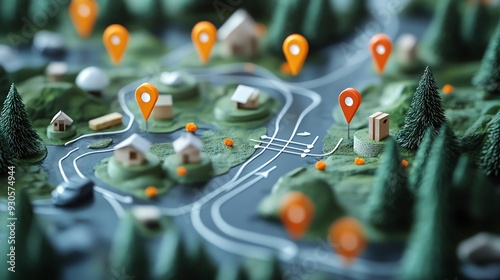 Detailed miniature map with location pins, houses, roads, and trees, showcasing a 3D landscape for navigation and urban planning concepts.