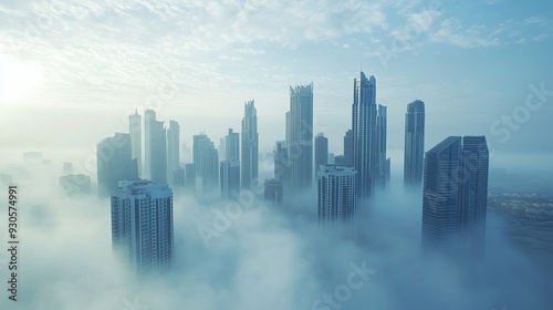 An early morning scene of Downtown Dubai, where towering skyscrapers rise above a thick layer of fog. The image captures a unique perspective, with the tops of the buildings peeking through the mist