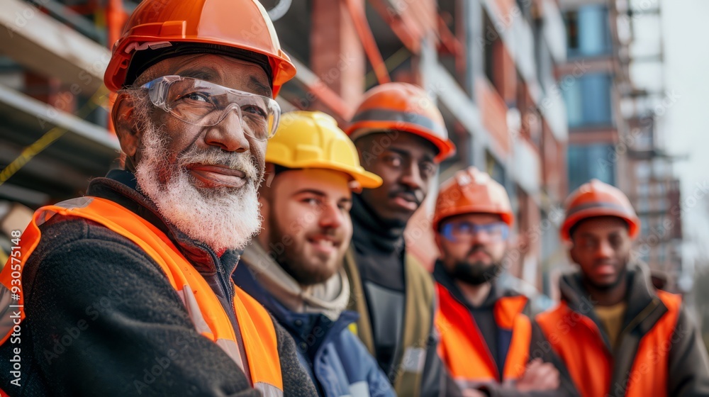 Construction team with members of different ages and ethnicities, including a senior worker providing guidance to a group of younger workers on a building site