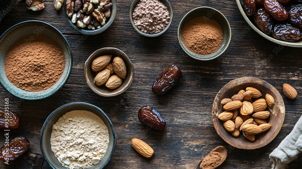 A flat lay of raw vegan dessert ingredients like dates, nuts, and cacao powder, organized neatly on a rustic wooden table A flat lay of raw vegan dessert ingredients like dates, nuts, and cacao powder, organized neatly on a rustic wooden table