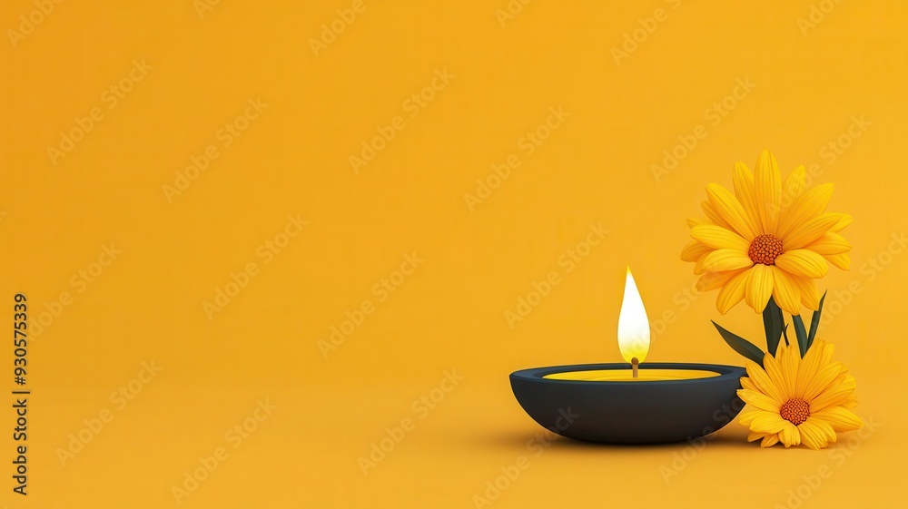 Golden Diwali diya, surrounded by marigold flowers, 3D illustration Golden Diwali diya, surrounded by marigold flowers, 3D illustration