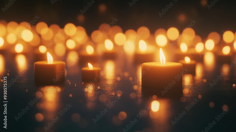 Softly glowing candles floating on water in a dark, tranquil setting. Softly glowing candles floating on water in a dark, tranquil setting.