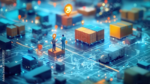 Miniature businessmen on shipping containers, digital network, futuristic logistics concept, global business connections, blockchain technology.