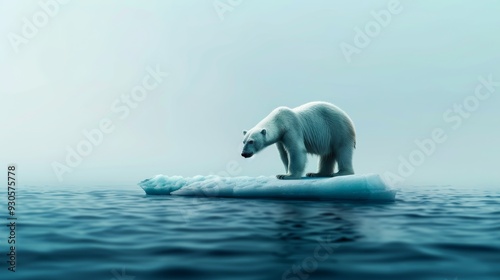 A solitary polar bear navigates an ice floe amid the calm, icy waters of the Arctic