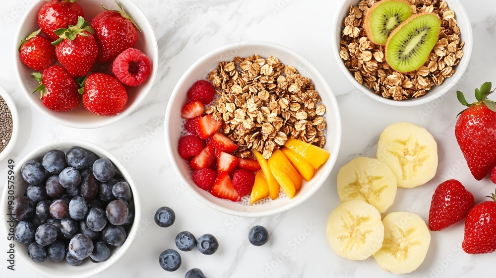 A raw vegan breakfast spread featuring chia pudding, fresh fruit slices, and raw granola, beautifully arranged on a marble countertop