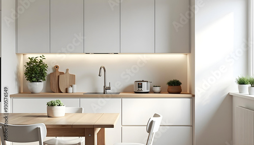 Modern Kitchen with White Cabinets, Wooden Table, and Plants
