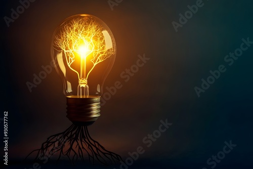 A glowing light bulb with intricate roots spreading below, flat design, roots transforming into branching patterns, smooth gradients, light and shadow play, emphasis on growth and innovation,