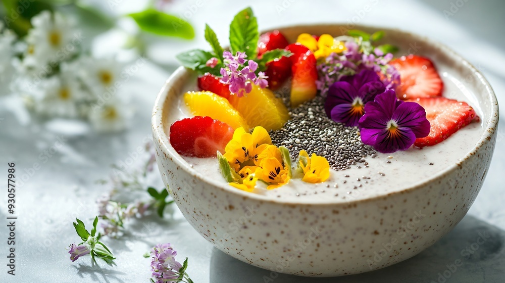 A raw vegan smoothie bowl topped with fresh fruit slices, chia seeds, and edible flowers, photographed in a bright, airy kitchen A raw vegan smoothie bowl topped with fresh fruit slices, chia seeds, and edible flowers, photographed in a bright, airy kitchen