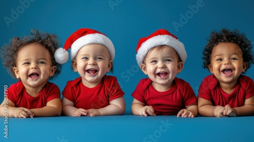 happy multiethnic babies weraing santa hat and red t-shirts smiling and laughing on a blue background with copy space, panoramic banner for christmas advertising or concept design, copy space photo