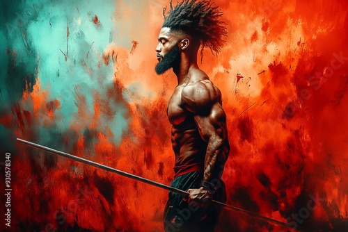 Majestic Warrior Posing with Spear Against Abstract Red and Blue Background