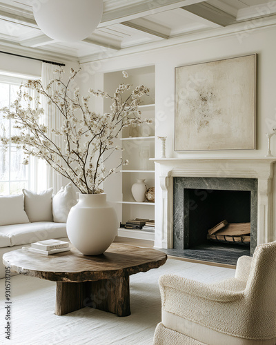 an editorial photograph of a bright off white traditional living room