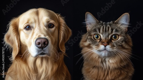 Golden Retriever and Tabby Cat Close-up Portraits