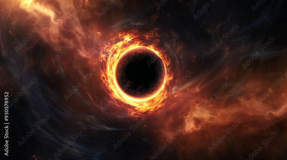 A mesmerizing 3D render of a black hole warping space with a glowing event horizon and starfield background