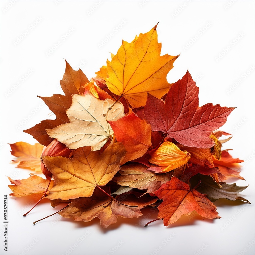 Pile of autumn colored leaves isolated on white background.A heap of different maple dry leaf .Red and colorful foliage colors in the fall season Pile of autumn colored leaves isolated on white background.A heap of different maple dry leaf .Red and colorful foliage colors in the fall season