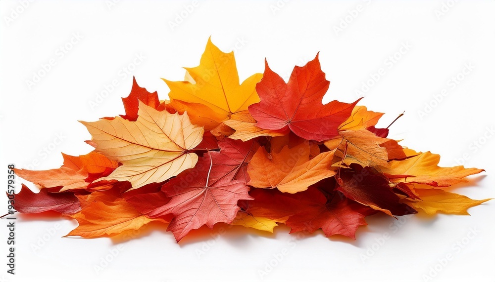 Fototapeta premium Pile of autumn colored leaves isolated on white background.A heap of different maple dry leaf .Red and colorful foliage colors in the fall season
