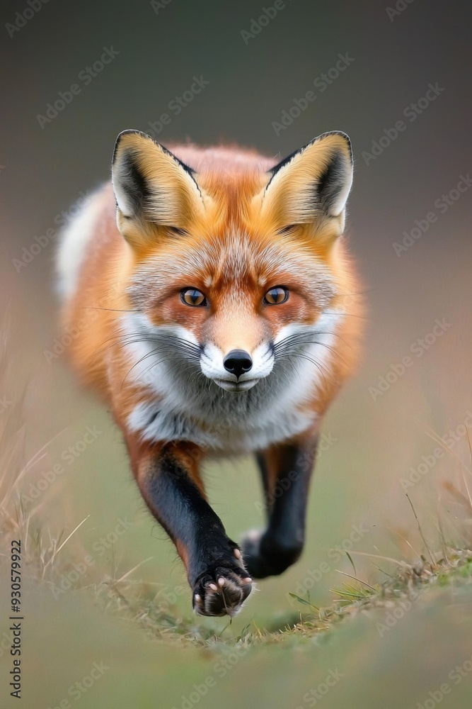 Fototapeta premium A vibrant red fox running gracefully across a soft meadow, showcasing its elegant form and distinctive coloring in nature.