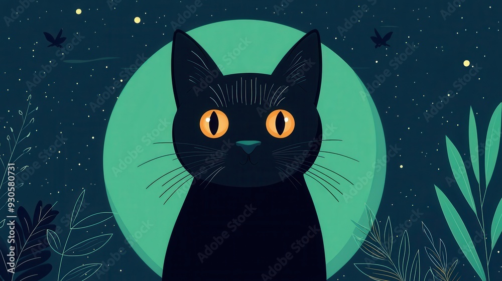A whimsical illustration of a black cat with striking yellow eyes against a night sky background. Perfect for cat lovers. A whimsical illustration of a black cat with striking yellow eyes against a night sky background. Perfect for cat lovers.
