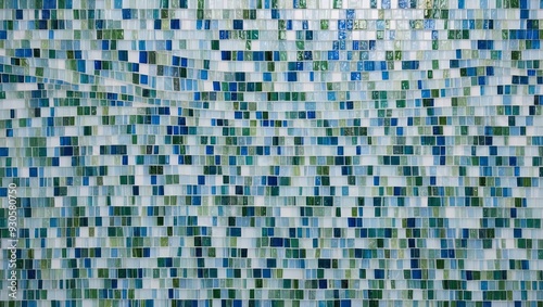 A vibrant mosaic wall composed of various blue and green tiles