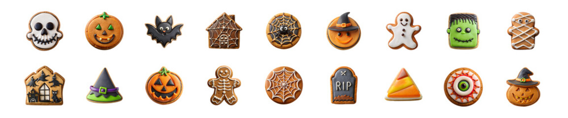 Collection of detailed halloween cookies with spooky designs, transparent PNG file