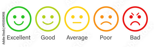 Rating emoji set in stroke style for customer feedback or product experience in different colors. Five-star rating emoji icon set. Emoji feedback scale. Rating emoji collection. Vector illustration.
