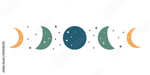 Moon and stars. Moon phases. Vector astrological illustration for the lunar calendar. Vector illustration in flat style isolated on white background.