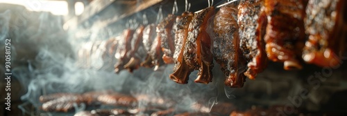 Smoked meat hanging in a smokehouse.