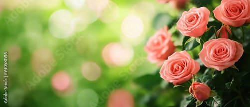 Delicate pink roses bloom in a vibrant garden, symbolizing love and beauty, with soft green foliage creating a serene backdrop.