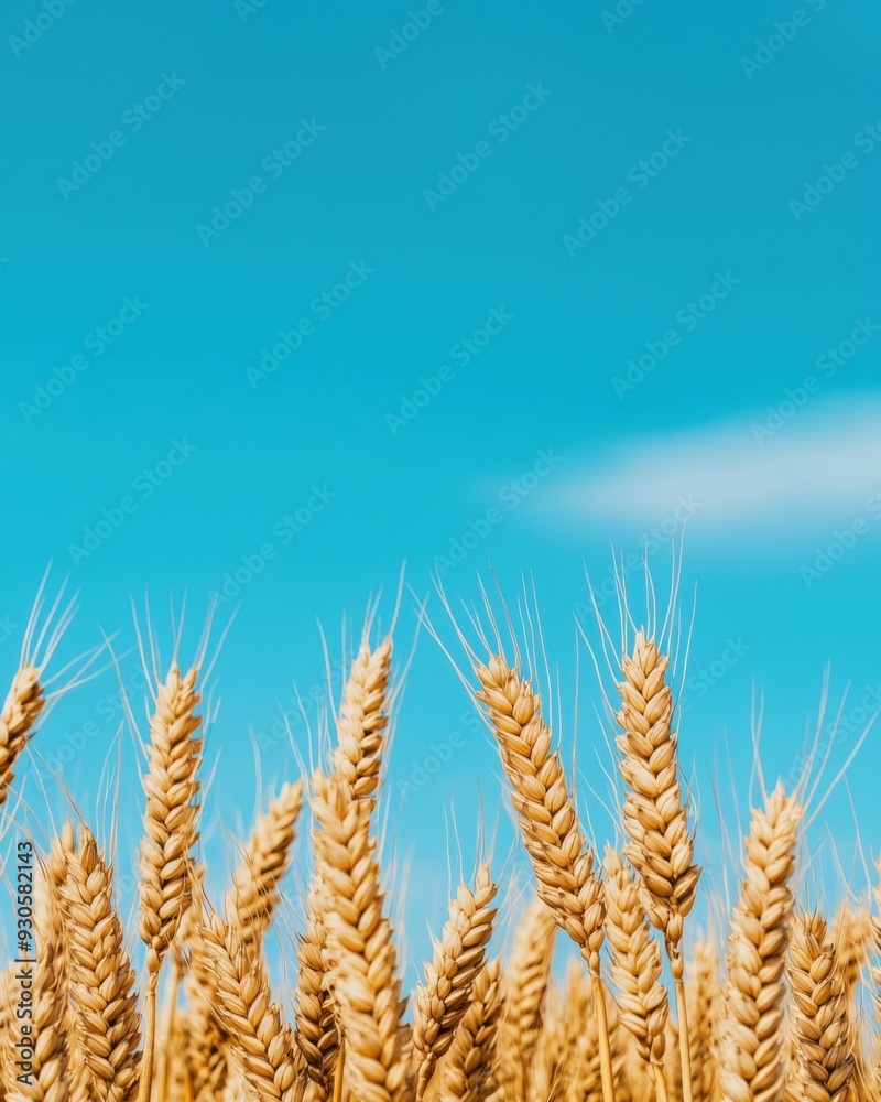 Golden wheat field under a clear blue sky, showcasing the beauty of agriculture and nature in full bloom.